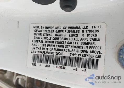 2012 Honda Civic Ex z USA, uszkodzony, nr VIN 19XFB2F86CE109040
